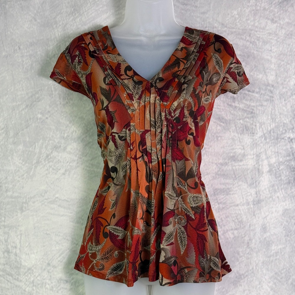 Vtg y2k Mesh Womens Pleated Top sz m Dark Floral Autumn Colors whimsigoth indie